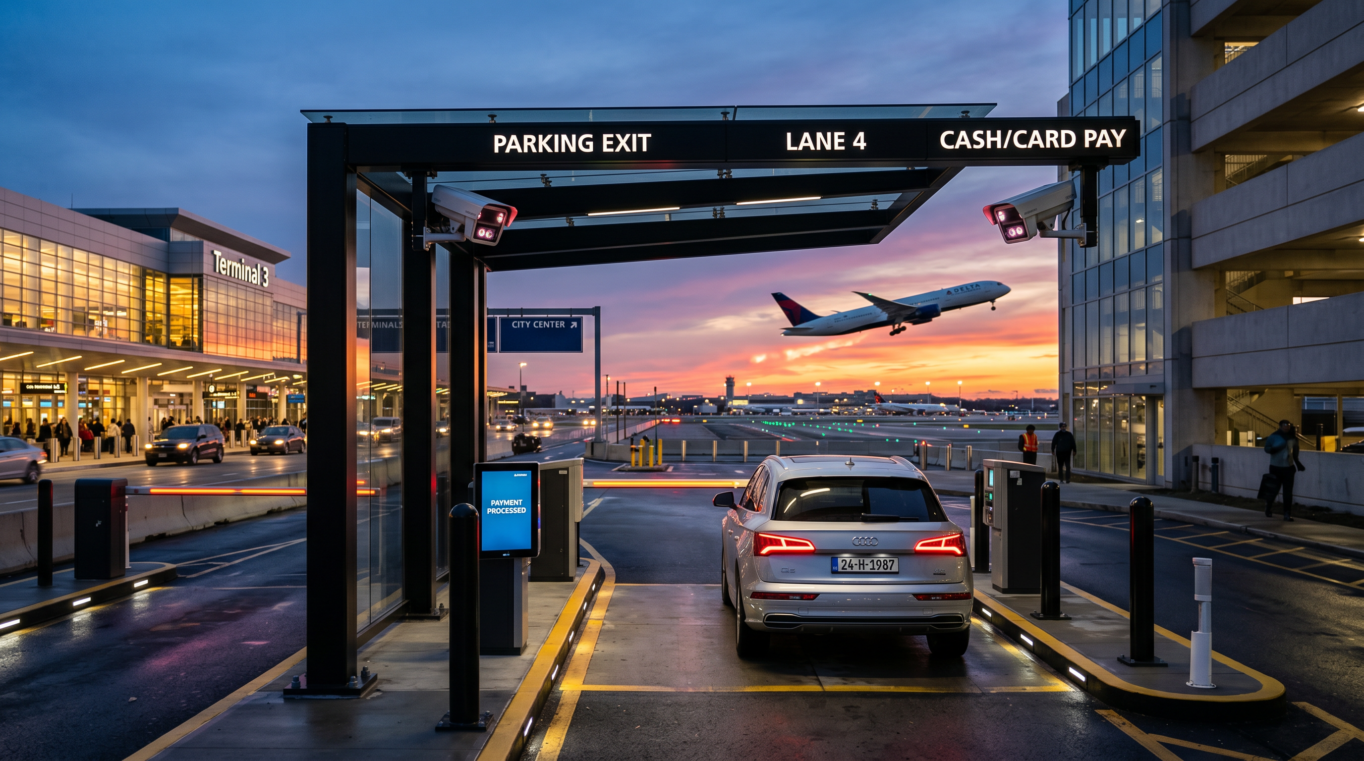 Modern airport parking exit lane at dusk