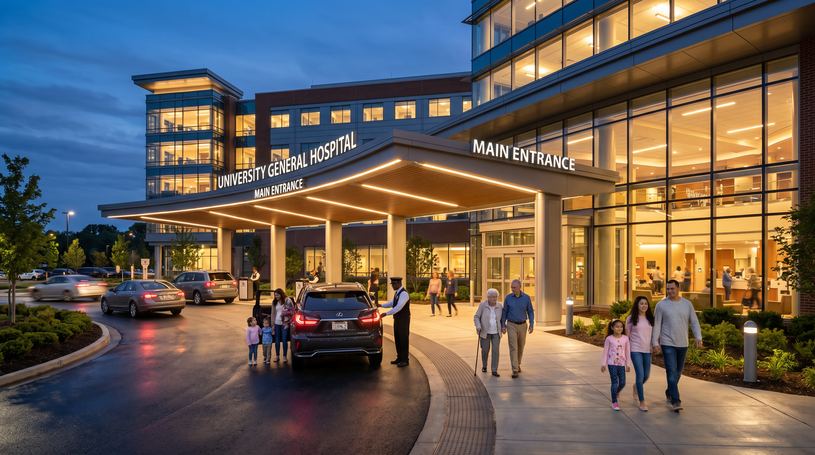 Hospital main entrance at twilight