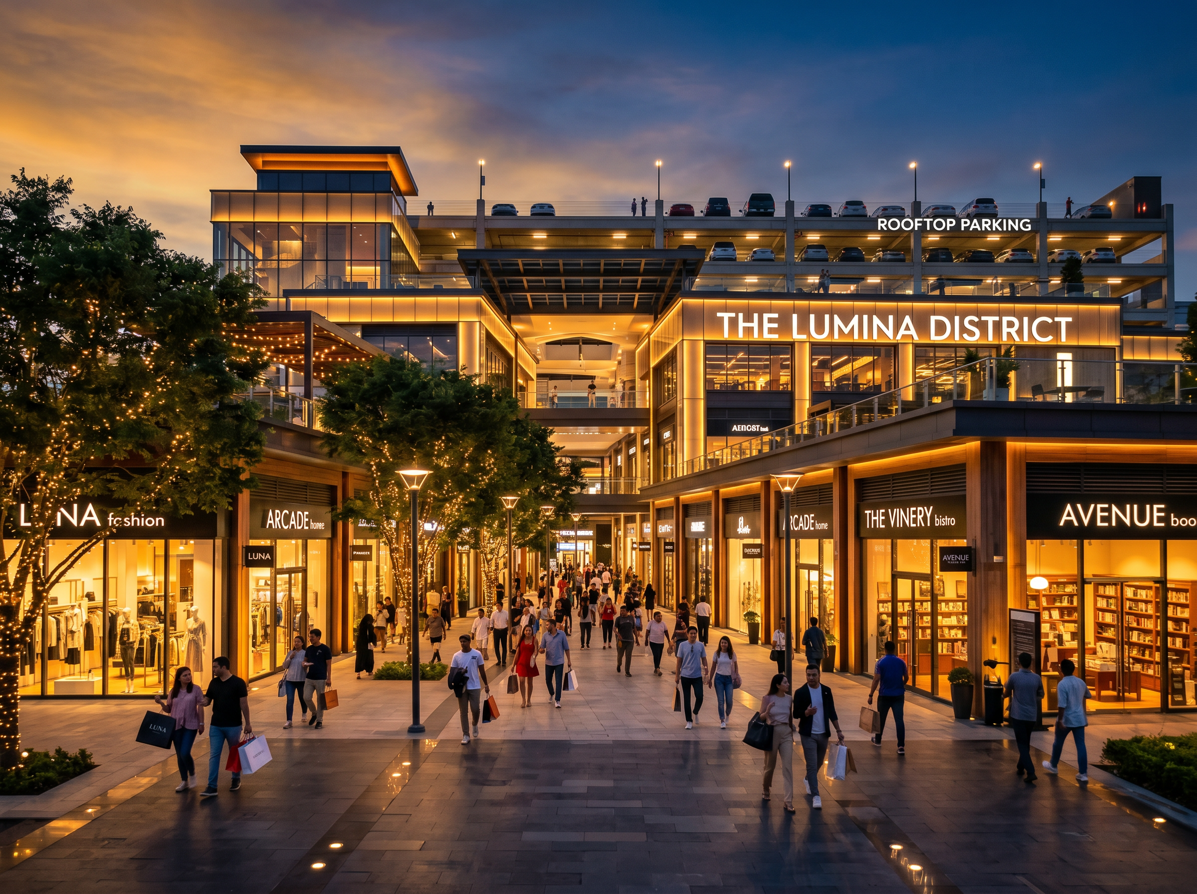 Mixed-use retail district at dusk