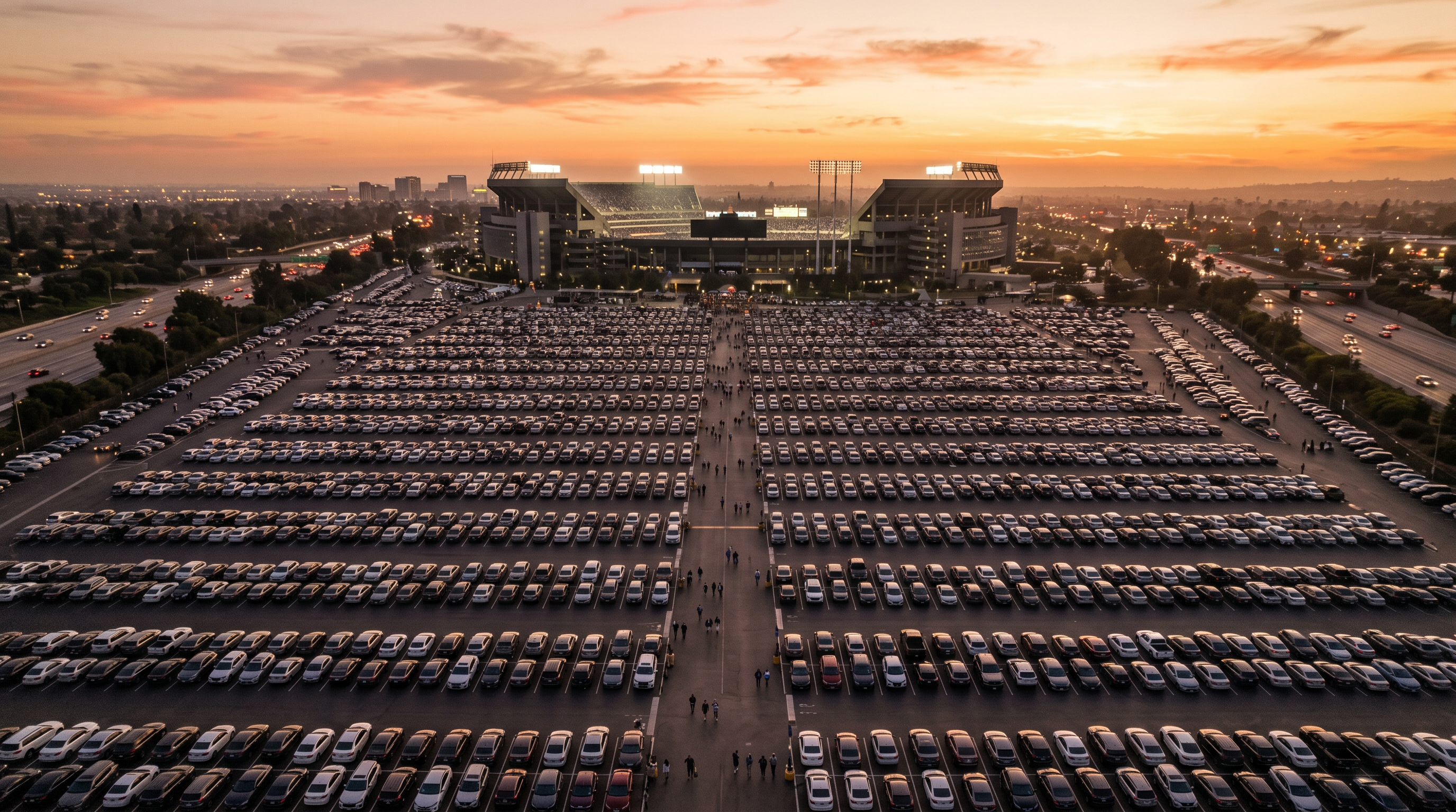 Packed stadium parking lot at golden hour