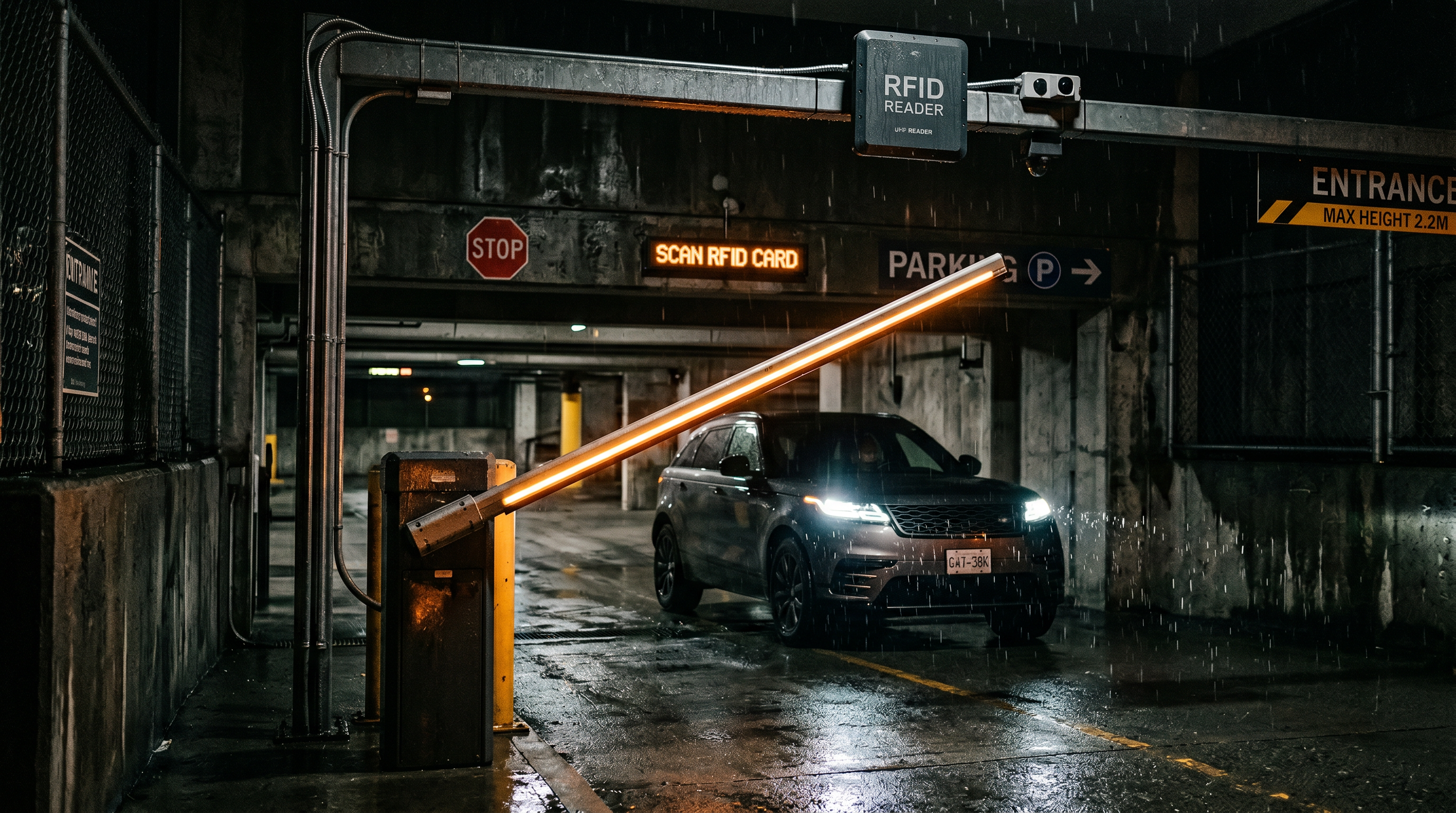 Barrier gate raising at a garage entrance with overhead RFID reader