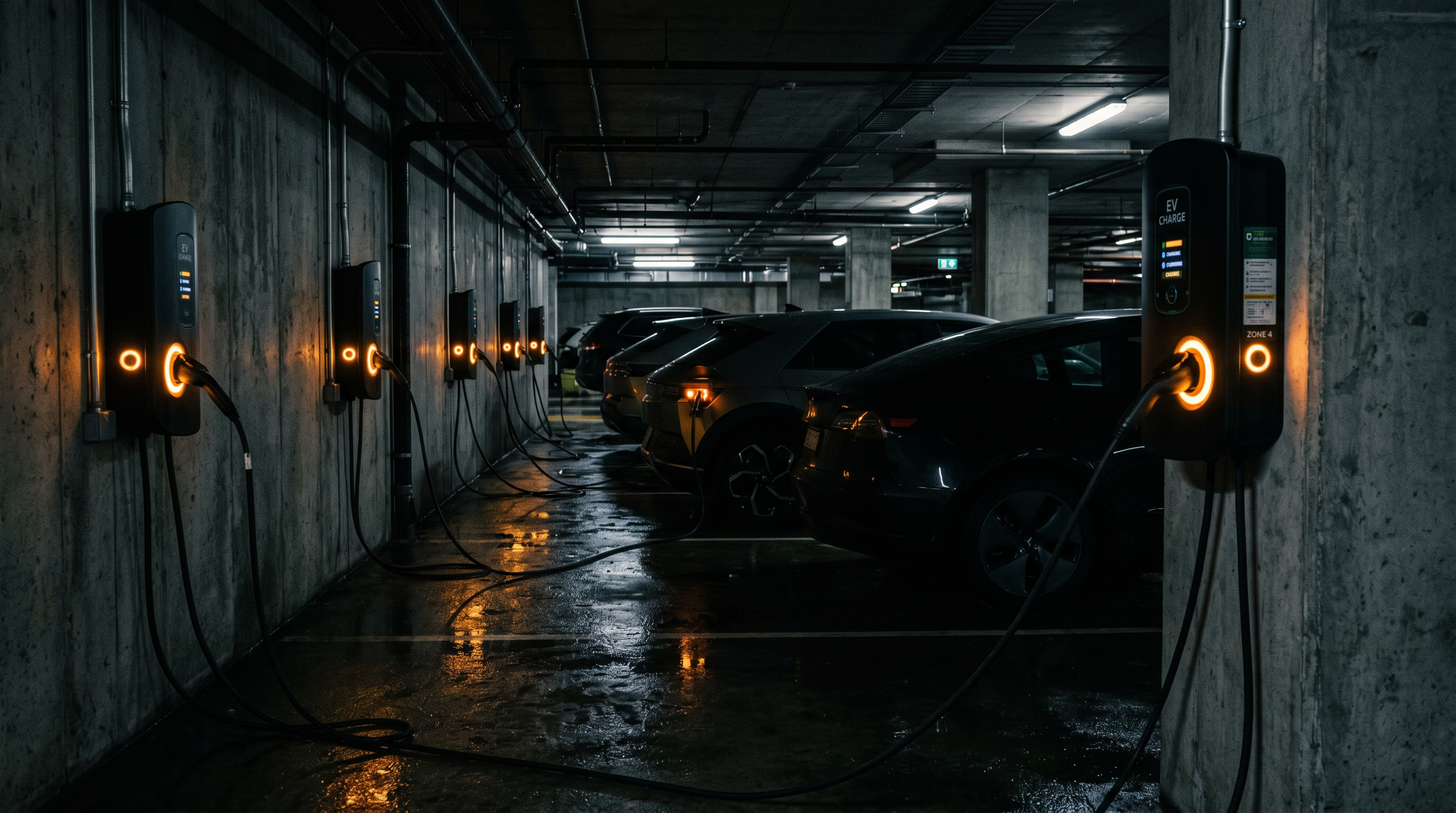 Row of EV chargers in a parking garage at night