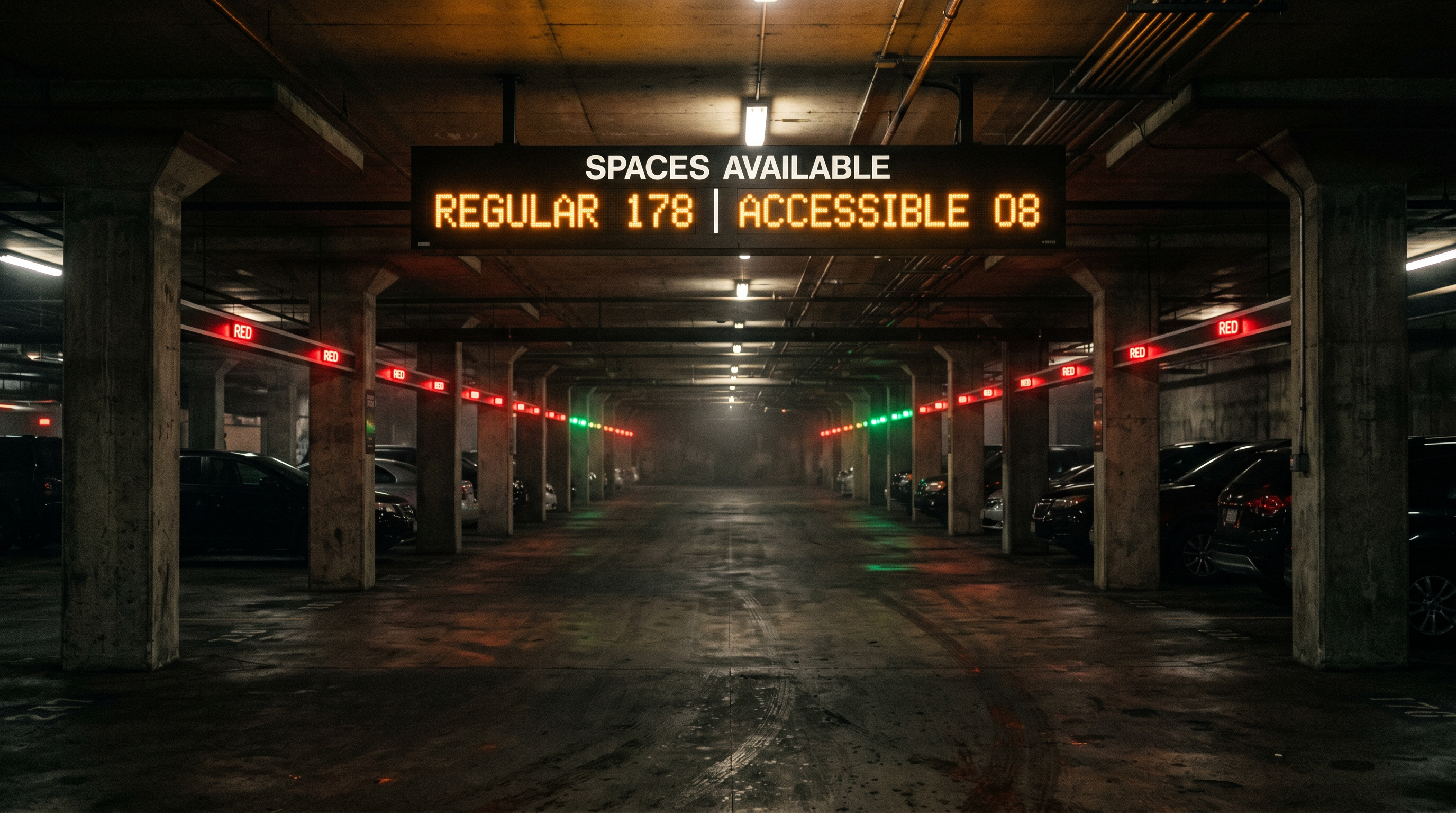 Variable message sign and bay-level LED indicators in a garage