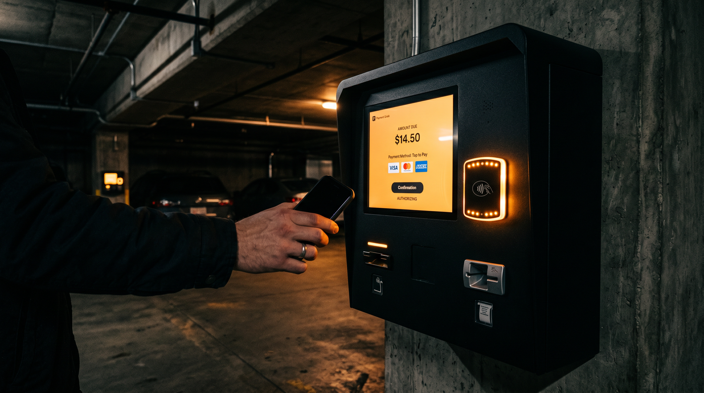 Pay-on-foot kiosk with contactless tap-to-pay reader