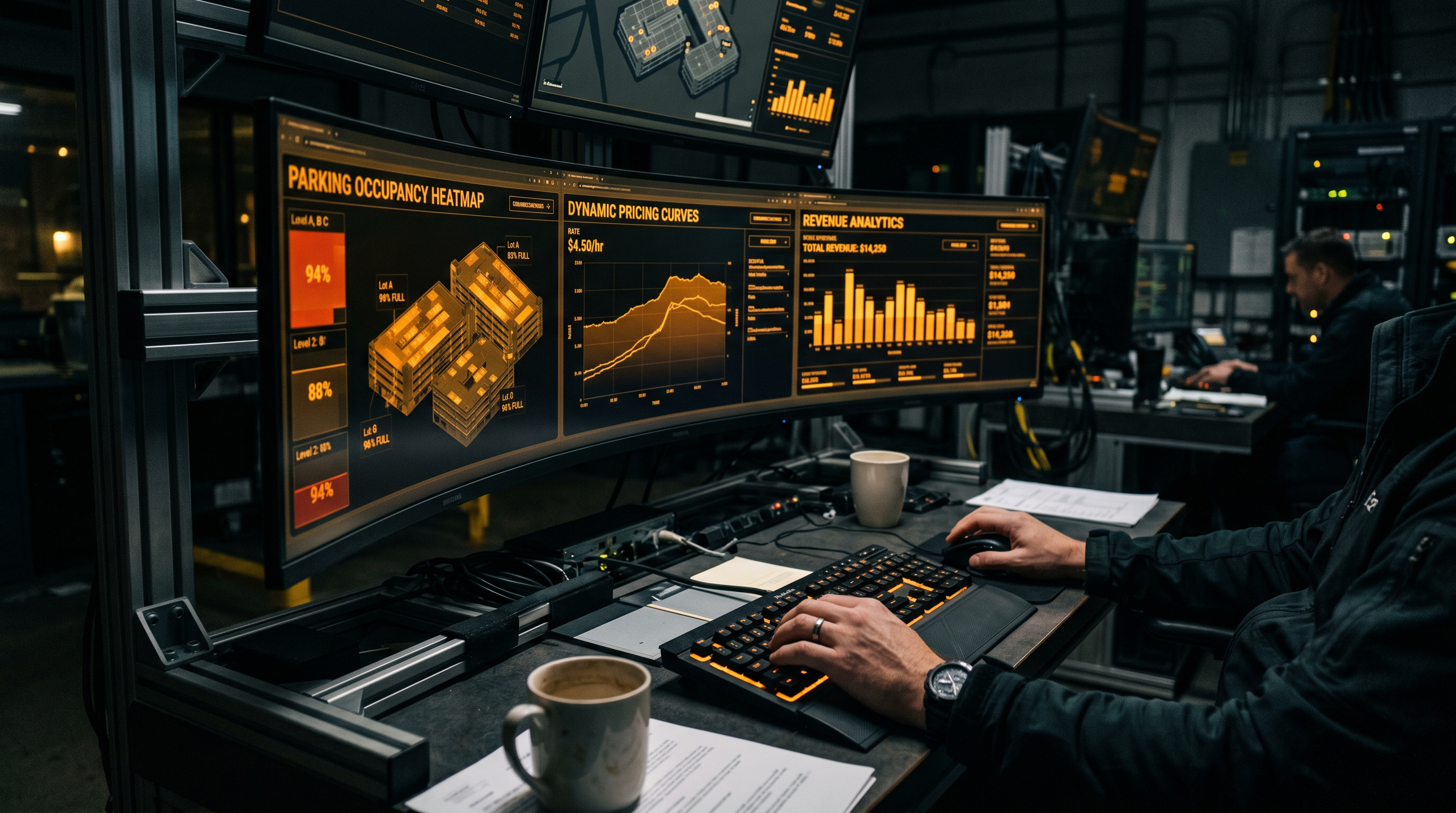 Parking operations dashboard showing occupancy and pricing analytics